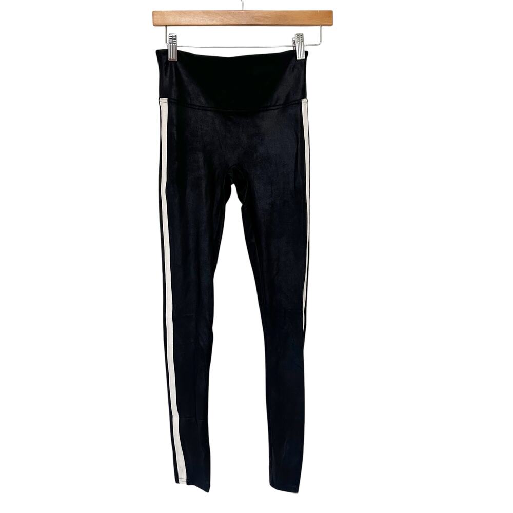 Spanx Black White Striped Faux Leather Leggings Sz S